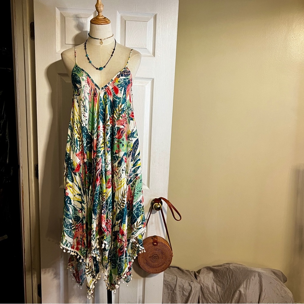 Japna GOA Beachwear Floral Asymmetric Pleated Tropical Resort Beach Dress M‎